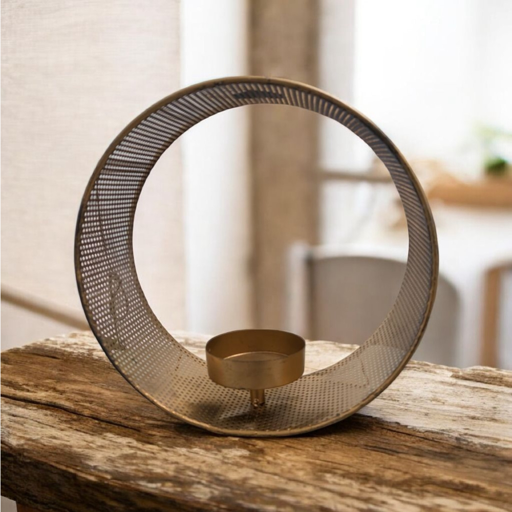Large Pierced Metal Hurricane Candle Holder Bronze Finish | Rustic Farmhouse Dec
